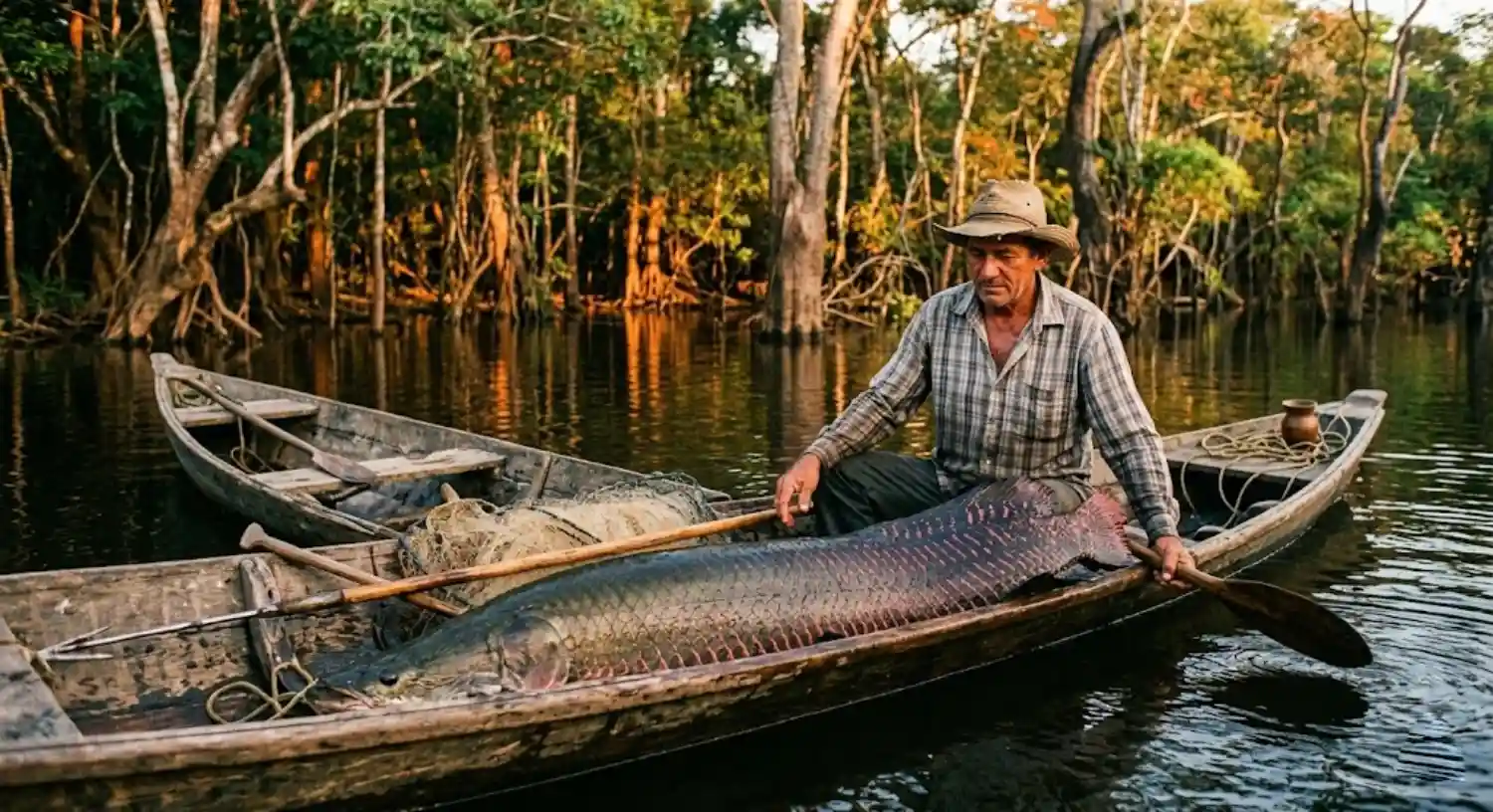 Fotografia documental na luz da tarde de um pescador ribeirinho em canoa com pirarucu recém-pescado em lago de igapó floresta inundada ao fundo.