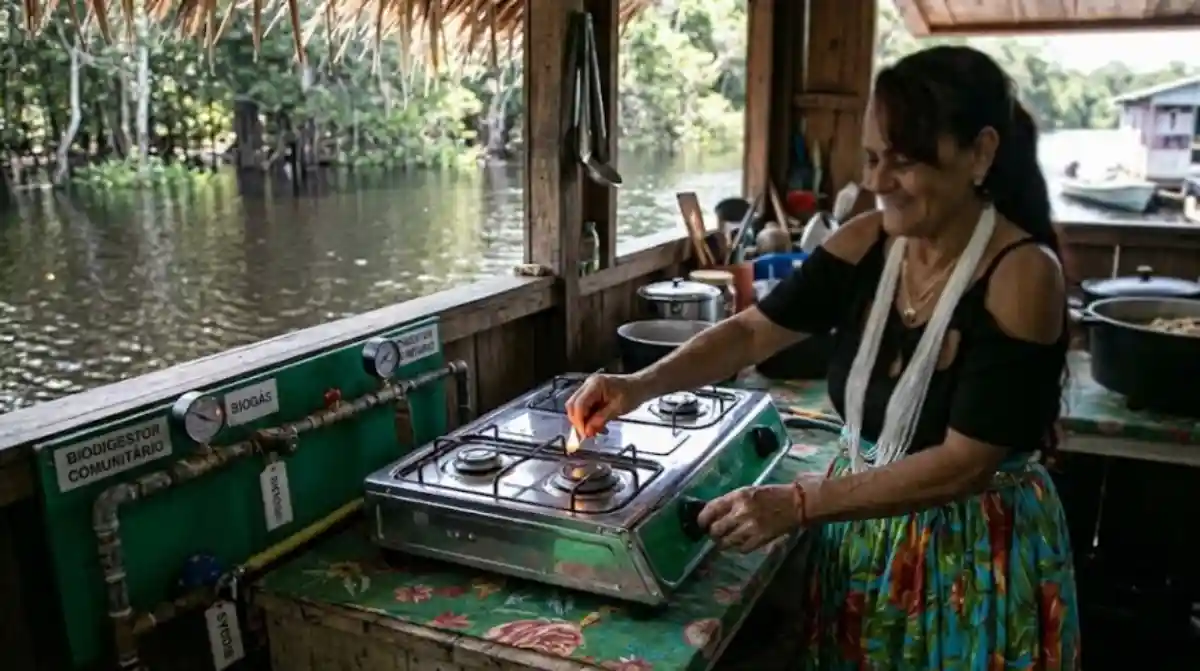 Biodigestores comunitários transformam resíduos orgânicos em energia limpa e gás de cozinha em comunidades isoladas na Amazônia