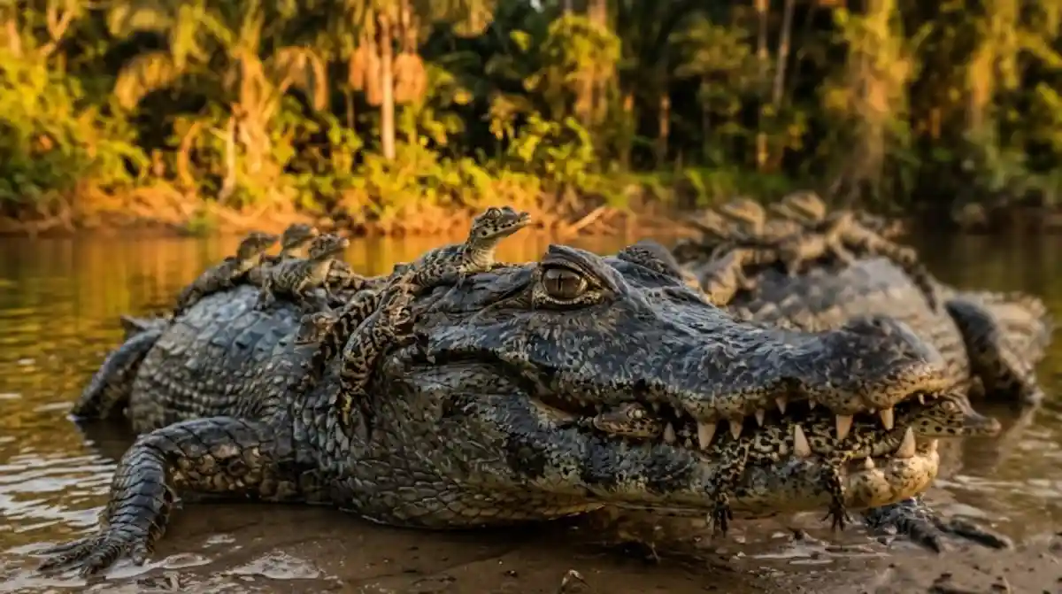 A dedicação do jacaré-açu ao carregar seus filhotes na boca revela o lado mais protetor da rica biodiversidade amazônica
