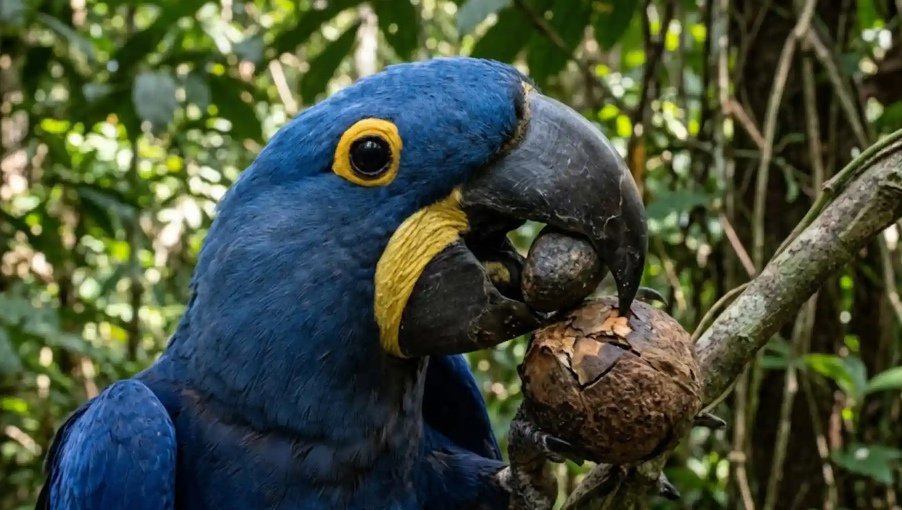 O comportamento de inteligência da arara azul grande que utiliza pedras para quebrar cocos e encanta a primatologia