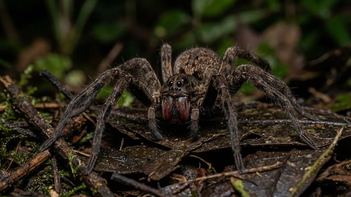 Aranha armadeira ergue o corpo e exibe quelíceras vermelhas para alertar predadores antes de injetar veneno neurotóxico na mata