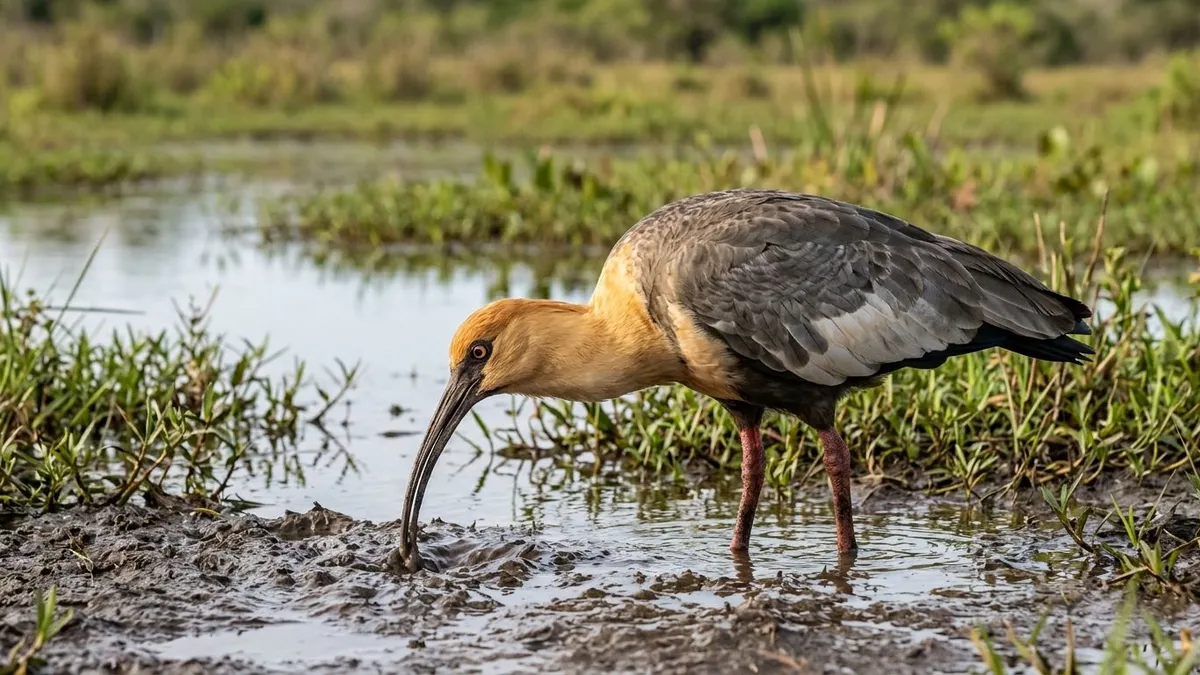 Curicaca enfia o bico curvo no solo mole e encontra presas pelo tato em campos úmidos