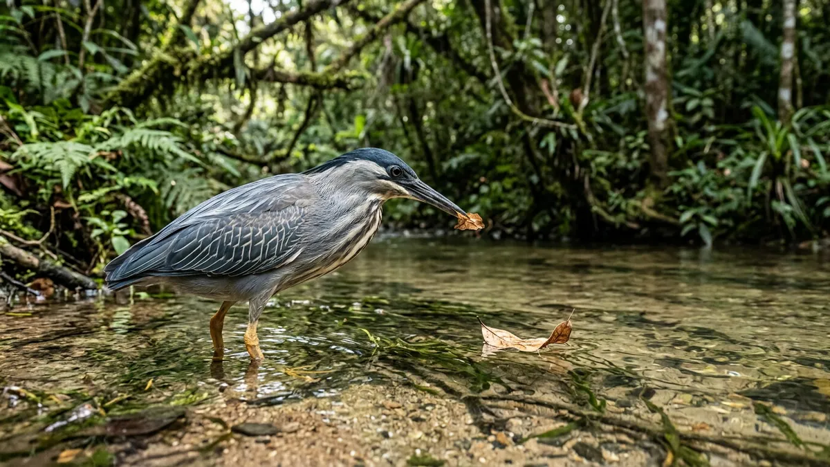 Garça utiliza pena ou folha como isca, atraindo peixes para o ataque em águas rasas