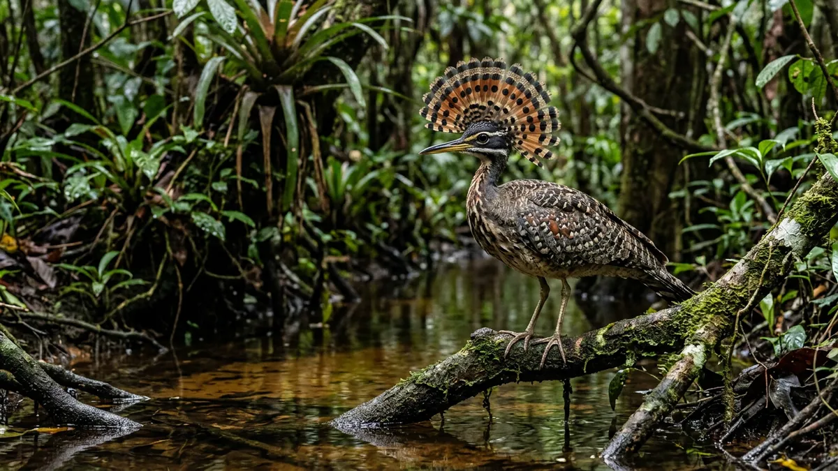 Pavãozinho-do-pará abre o leque de penas na cabeça, caça insetos em voos curtos e defende o mesmo trecho de igarapé