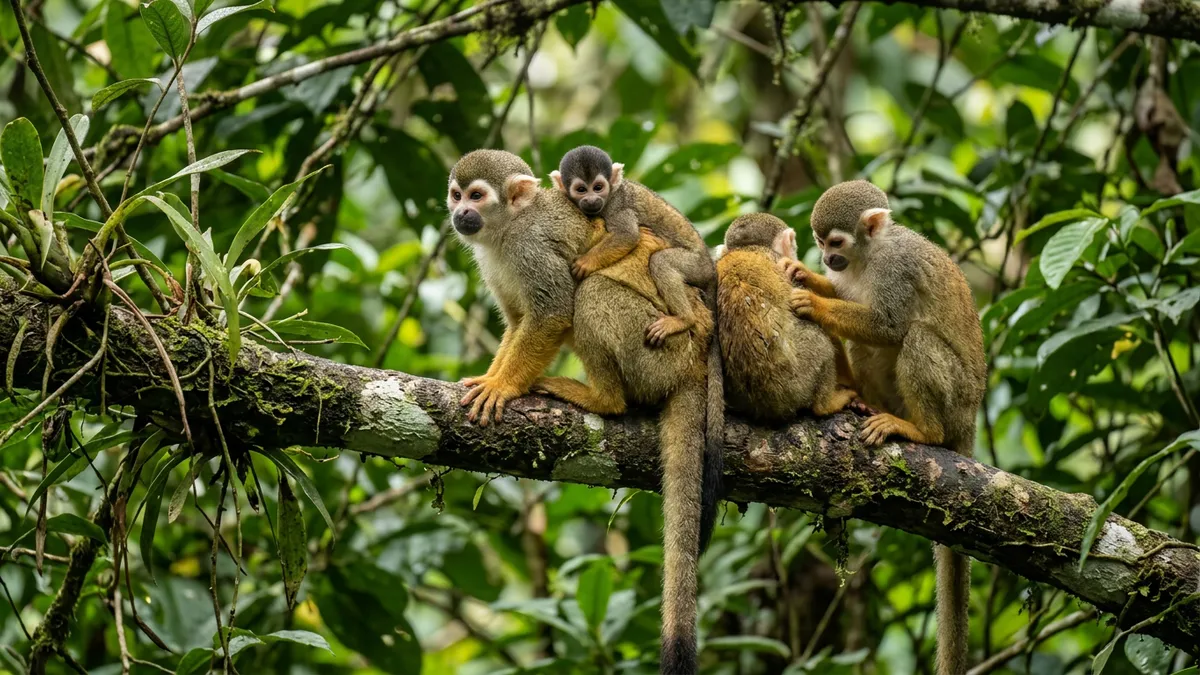 Macaco-de-cheiro combina 2 cuidados do grupo, dorme no mesmo galho e leva o filhote por semanas nas costas de adultos